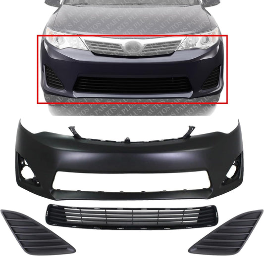 AUTOS PARTS PLUS Front Bumper Cover Primed + Lower Grille + Fog Light Cover Set Textured Right Passenger & Left Driver Side Direct Replacement Compatible With 2012-2014 Toyota Camry TO1036128