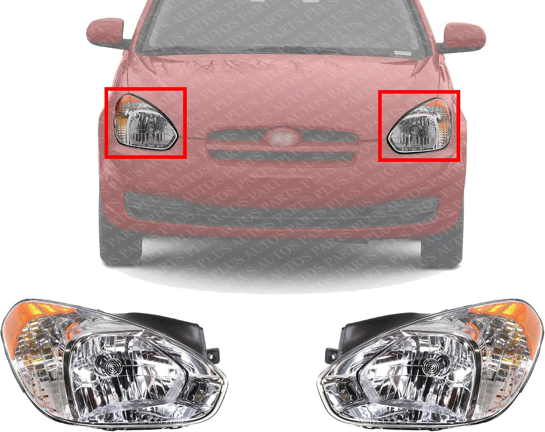 Set Of 2 Front Head Light Halogen Assembly Left Driver & Right Passenger Side Direct Replacement Compatible With 2007-2011 Hyundai Accent HY2502144 HY2503144 921011E011 921021E011