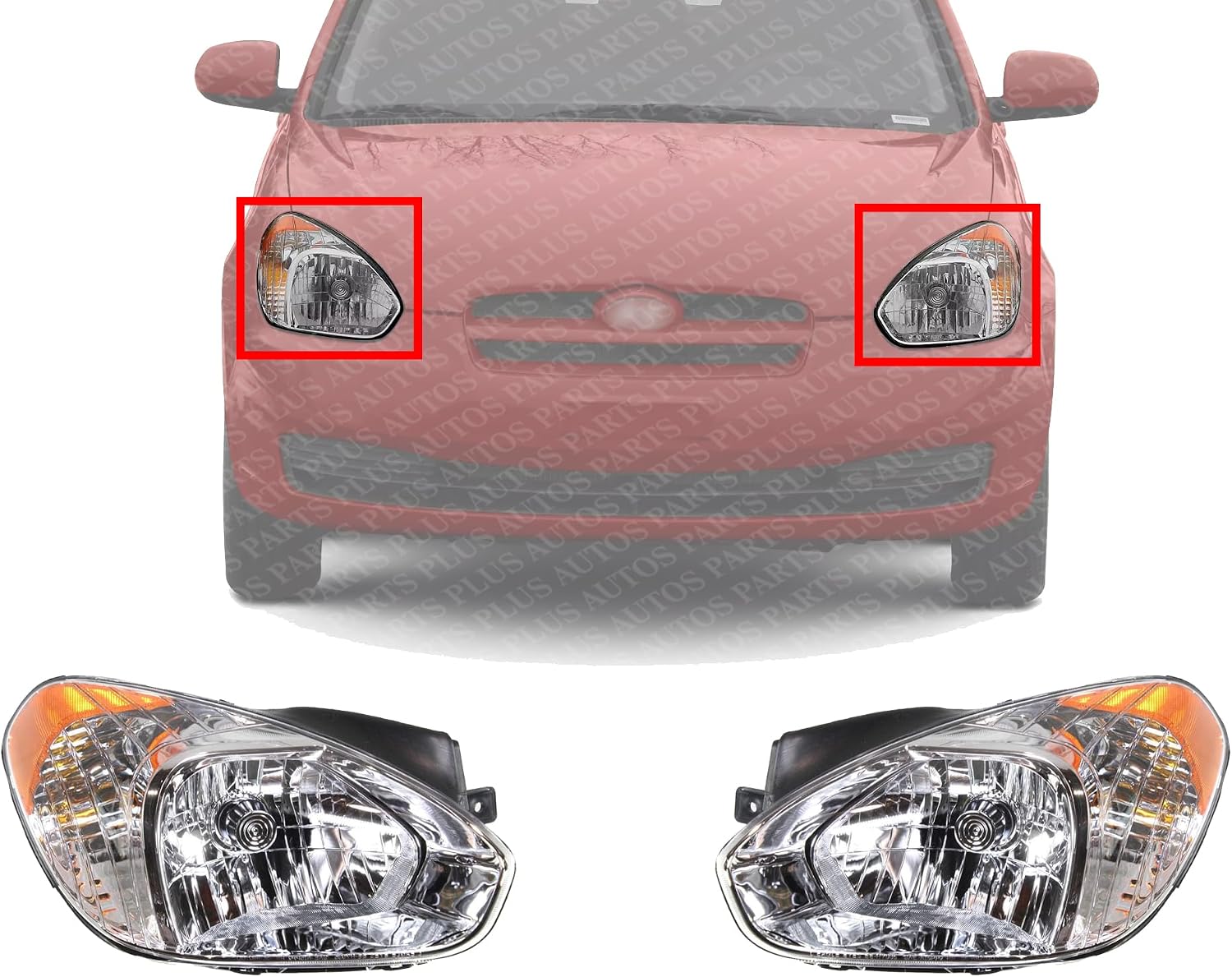 Set Of 2 Front Head Light Halogen Assembly Left Driver & Right Passenger Side Direct Replacement Compatible With 2007-2011 Hyundai Accent HY2502144 HY2503144 921011E011 921021E011