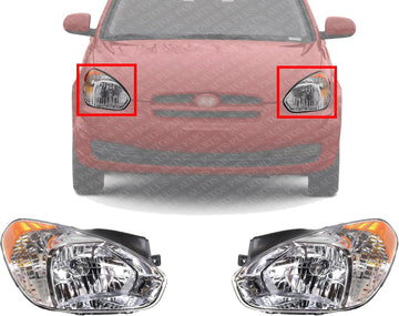 Set Of 2 Front Head Light Halogen Assembly Left Driver & Right Passenger Side Direct Replacement Compatible With 2007-2011 Hyundai Accent HY2502144 HY2503144 921011E011 921021E011