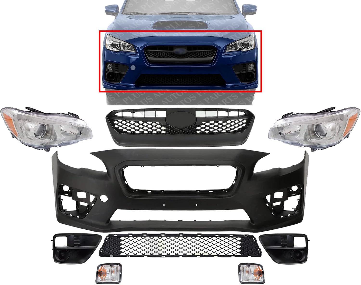 Front Bumper Cover Primed Plastic + Upper & Lower Grille + Headlight + Fog Lights Cover + Signal Lamp Left & Right Side Direct Replacement Compatible With 2015-2017 Subaru WRX