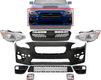Front Bumper Cover Primed Plastic + Upper & Lower Grille + Headlight + Fog Lights Cover + Signal Lamp Left & Right Side Direct Replacement Compatible With 2015-2017 Subaru WRX