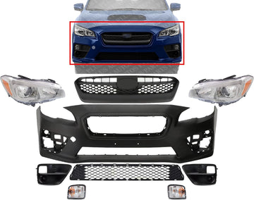 Front Bumper Cover Primed Plastic + Upper & Lower Grille + Headlight + Fog Lights Cover + Signal Lamp Left & Right Side Direct Replacement Compatible With 2015-2017 Subaru WRX