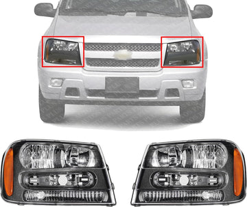 Set Of 2 Front Head Light Composite Assembly Right Passenger & Left Driver Side Direct Replacement Compatible With 2002-2009 Chevrolet Trailblazer GM2503213 GM2502213 25970915