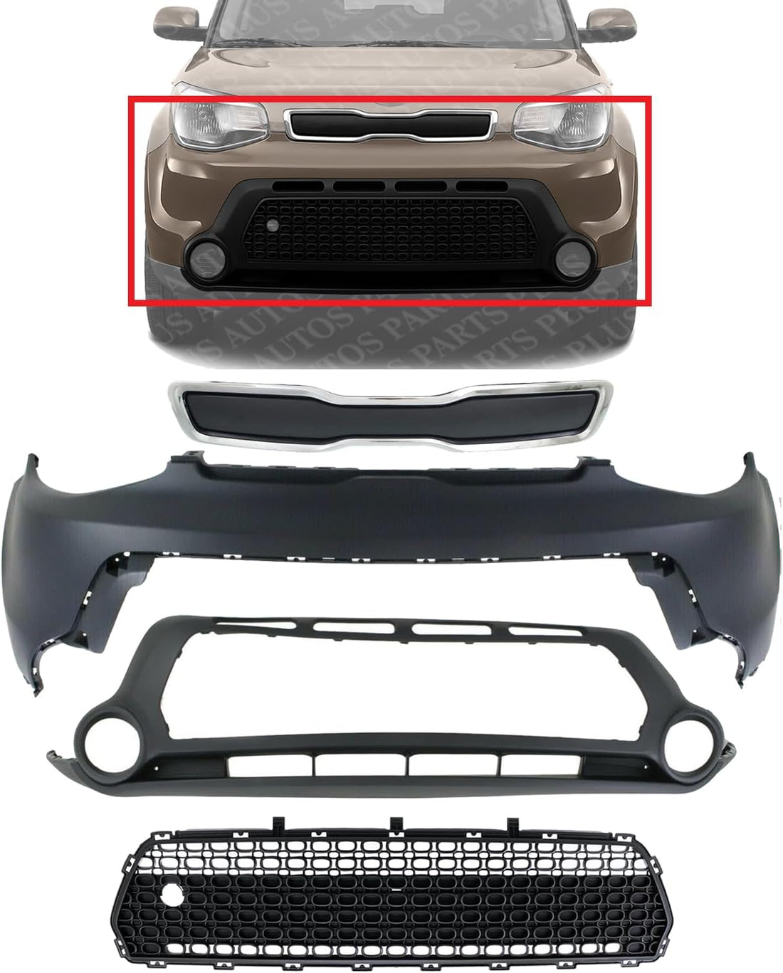 Front Bumper Upper & Lower Cover + Set Of 2 Grille Direct Replacement Compatible With 2014-2016 Kia Soul KI1014100 KI1015104 KI1036119 KI1200158 86511B2000 86512B2000 86561B2000