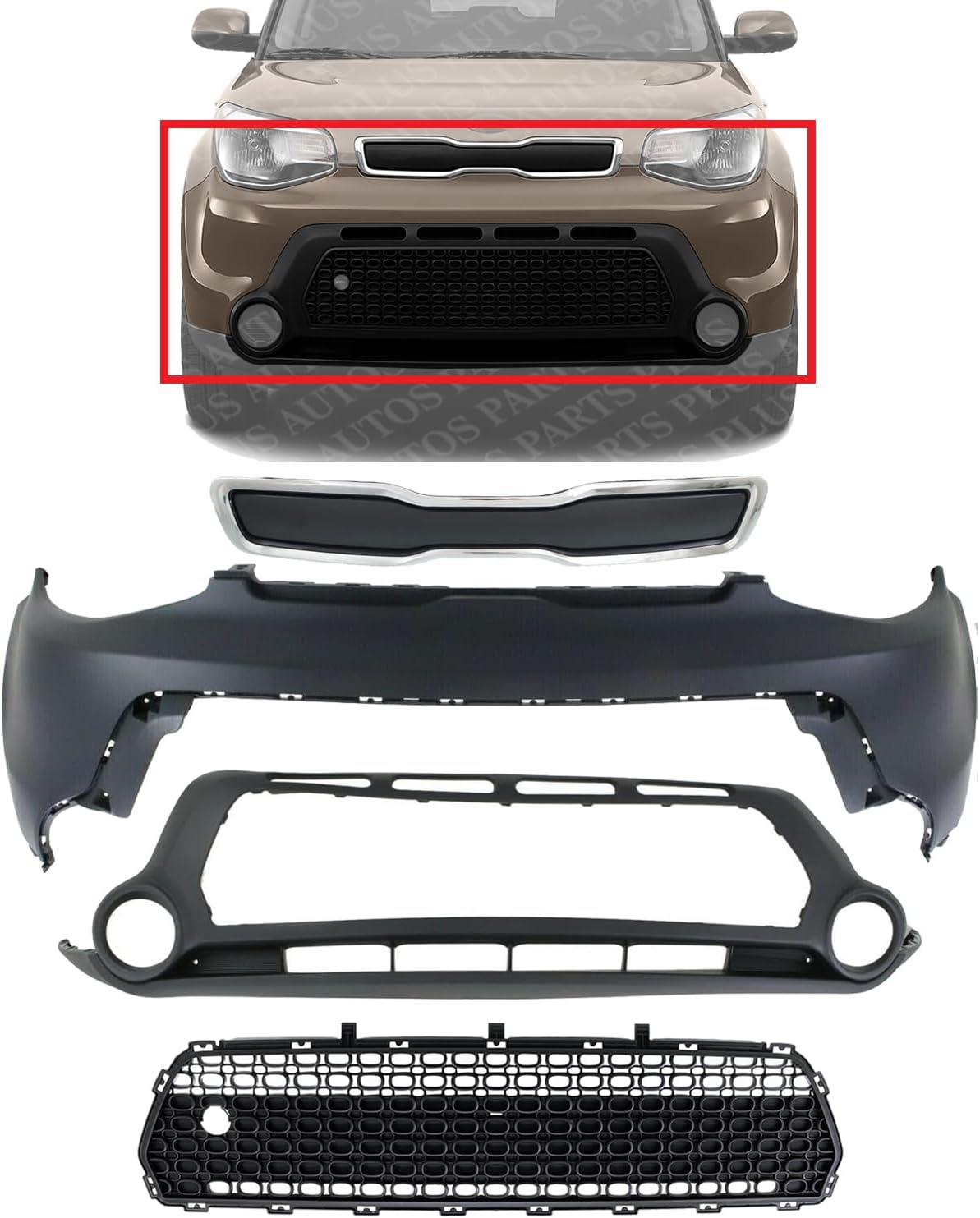 Front Bumper Upper & Lower Cover + Set Of 2 Grille Direct Replacement Compatible With 2014-2016 Kia Soul KI1014100 KI1015104 KI1036119 KI1200158 86511B2000 86512B2000 86561B2000