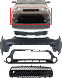 Front Bumper Upper & Lower Cover + Set Of 2 Grille Direct Replacement Compatible With 2014-2016 Kia Soul KI1014100 KI1015104 KI1036119 KI1200158 86511B2000 86512B2000 86561B2000