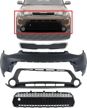 Front Bumper Upper & Lower Cover + Set Of 2 Grille Direct Replacement Compatible With 2014-2016 Kia Soul KI1014100 KI1015104 KI1036119 KI1200158 86511B2000 86512B2000 86561B2000