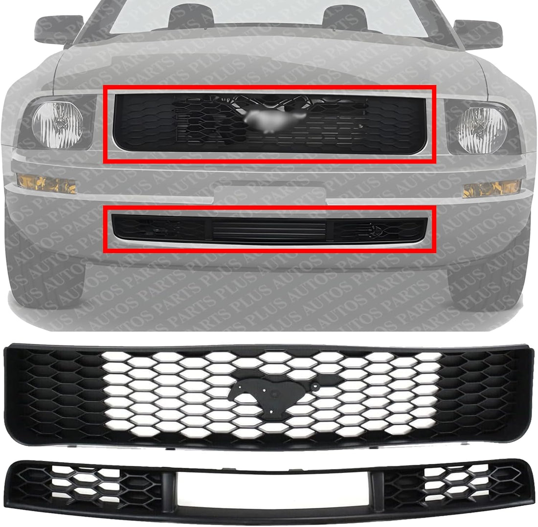 Front Upper & Lower Grille Plastic Direct Replacement Compatible With 2005-2009 Ford Mustang FO1036115 FO1200421 7R3Z17K945AB 6R3Z8200AA