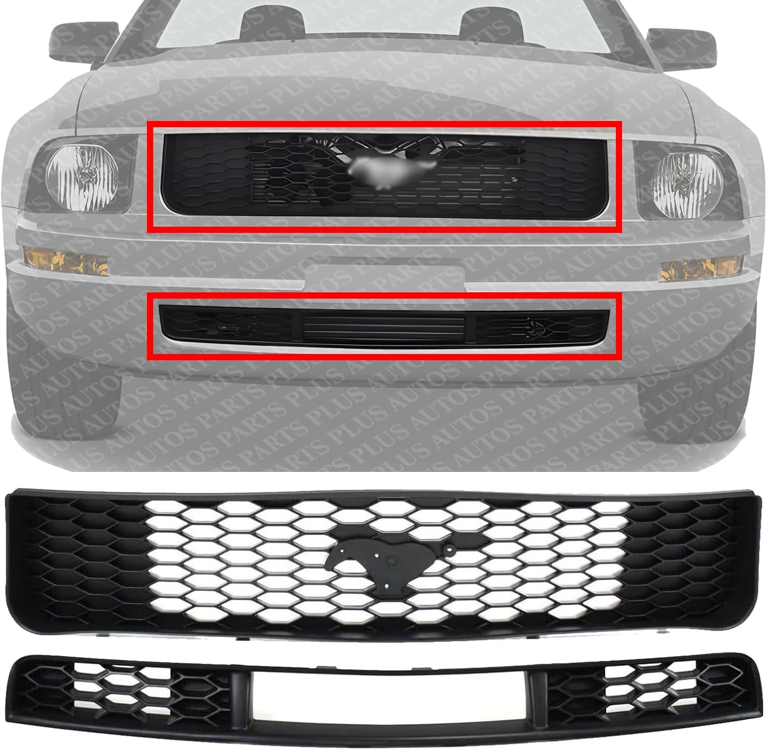 Front Upper & Lower Grille Plastic Direct Replacement Compatible With 2005-2009 Ford Mustang FO1036115 FO1200421 7R3Z17K945AB 6R3Z8200AA