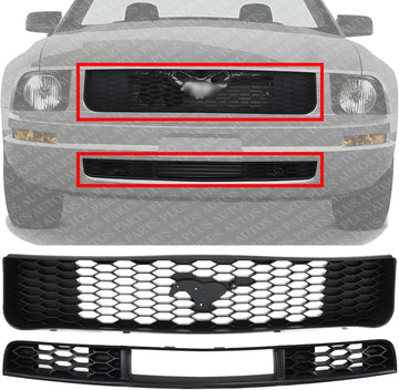 Front Upper & Lower Grille Plastic Direct Replacement Compatible With 2005-2009 Ford Mustang FO1036115 FO1200421 7R3Z17K945AB 6R3Z8200AA
