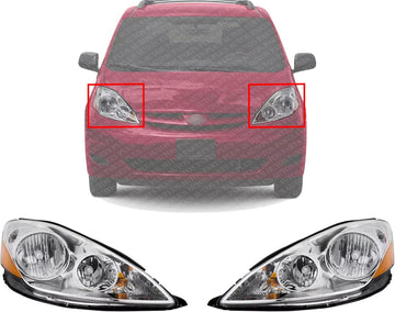 Set Of 2 Front Head Lights Assembly Halogen Right Passenger & Left Driver Side Direct Replacement Compatible With 2006-2010 Toyota Sienna TO2502172 TO2503172 81150AE030 81110AE030