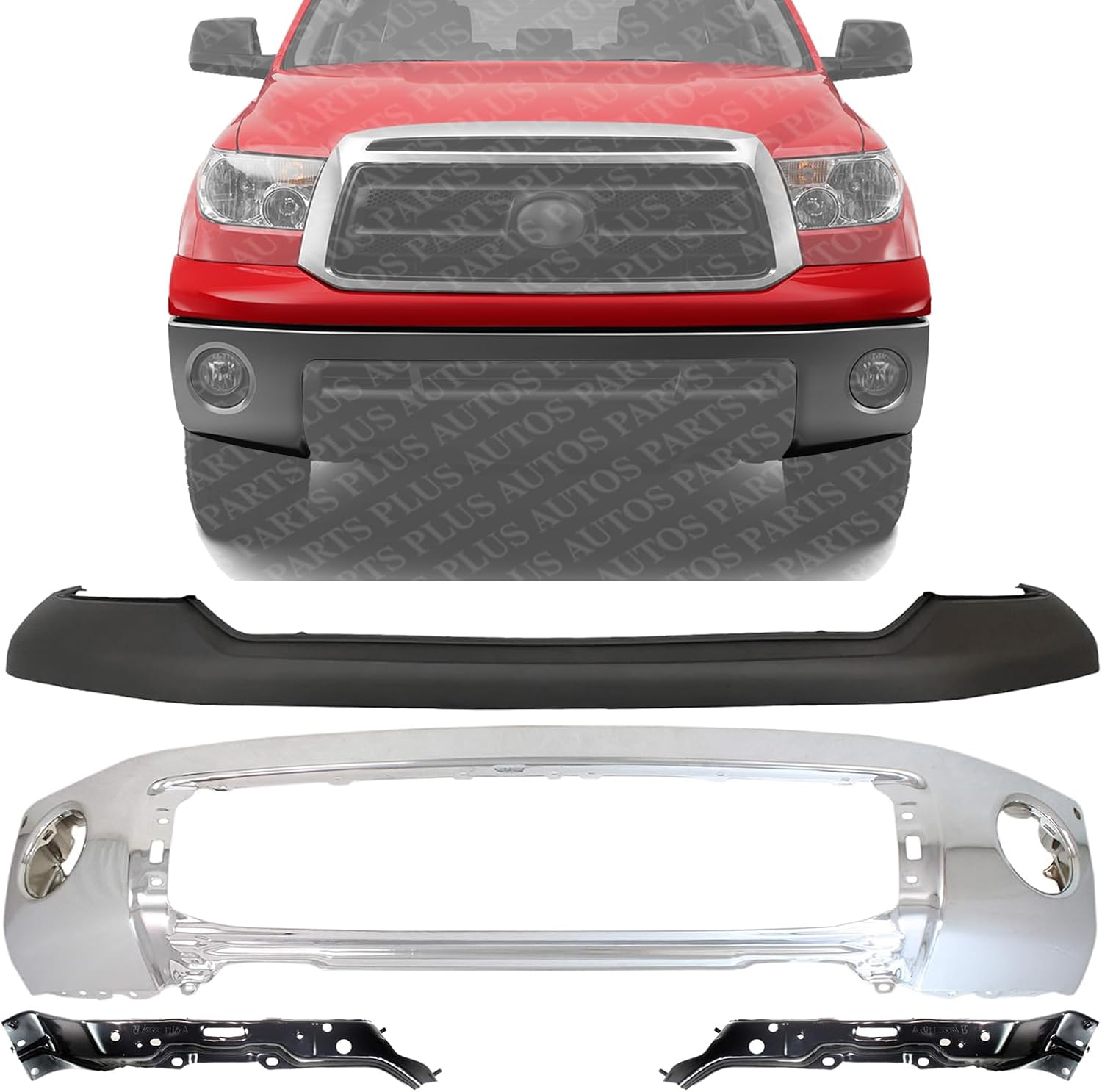 Front Bumper Steel Chrome With Park Assist Sensor Holes + Upper Cover Primed + Outer Retainers Left & Right Side Direct Replacement Compatible With 2007-2013 Toyota Tundra TO1002181