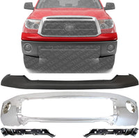 Front Bumper Steel Chrome With Park Assist Sensor Holes + Upper Cover Primed + Outer Retainers Left & Right Side Direct Replacement Compatible With 2007-2013 Toyota Tundra TO1002181