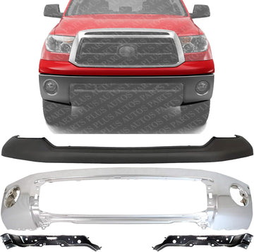 Front Bumper Steel Chrome With Park Assist Sensor Holes + Upper Cover Primed + Outer Retainers Left & Right Side Direct Replacement Compatible With 2007-2013 Toyota Tundra TO1002181