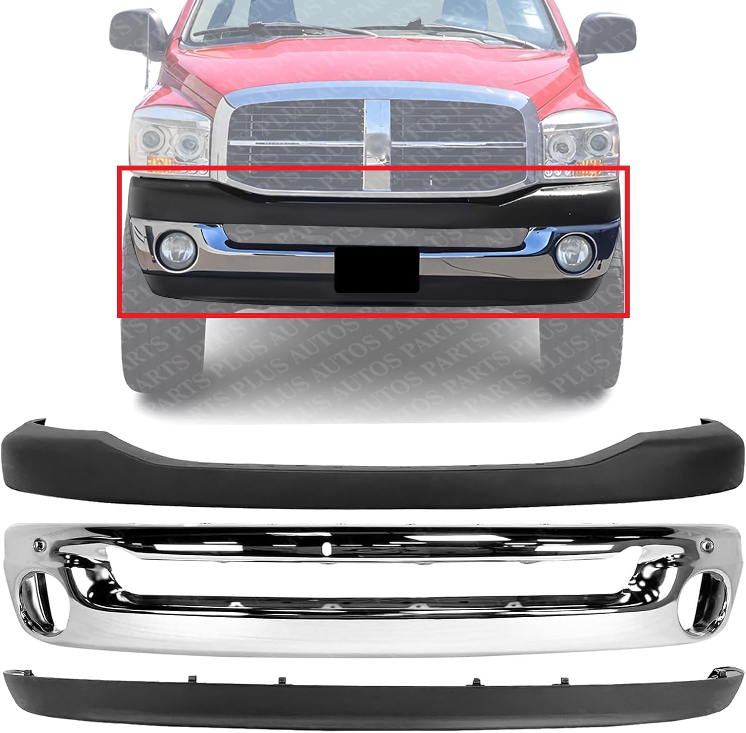 Front Bumper Chrome Steel + Upper Cover Textured + Lower Valance Direct Replacement Compatible With 2006-2009 Dodge Ram 1500 2500 3500 CH1000880 CH1002383 CH1090125 55077762AA