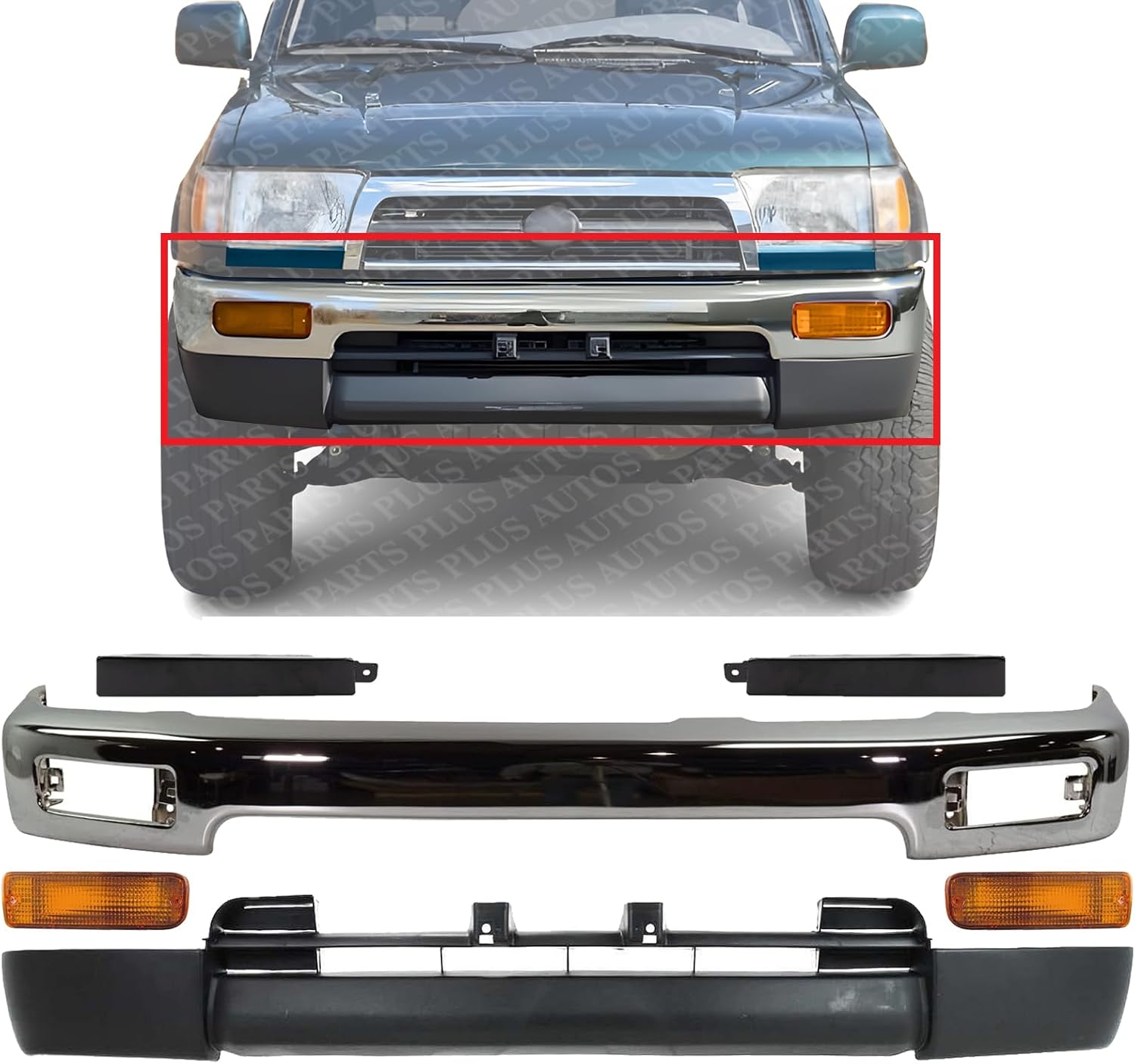 Front Bumper Chrome Steel + Lower Valance Panel Primed + Extension Fillers + Signal Lights Right & Left Side Direct Replacement Compatible With 1996-1998 Toyota 4Runner TO1002162