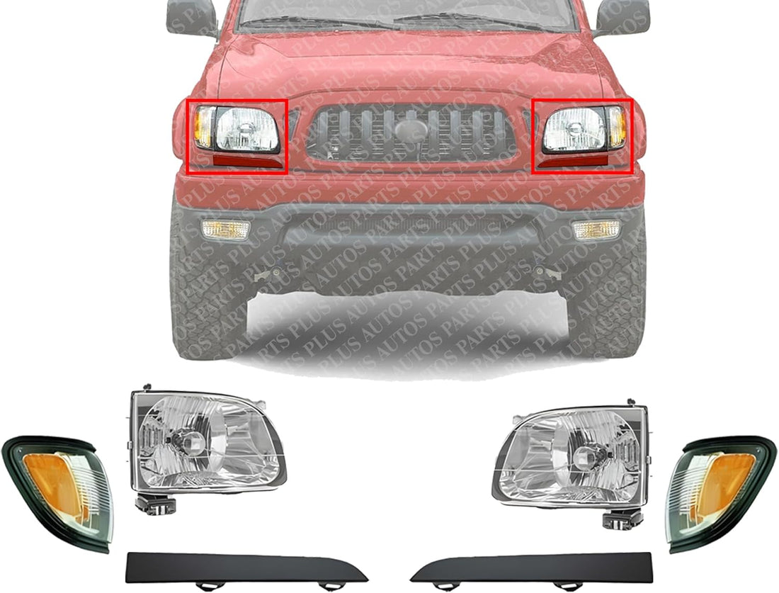 Front Headlights + Fillers + Corner Park Lamps Left Driver & Right Passenger Side Direct Replacement Compatible With 2001-2004 Toyota Tacoma TO2502136 TO2503136 TO1088108 TO1089108