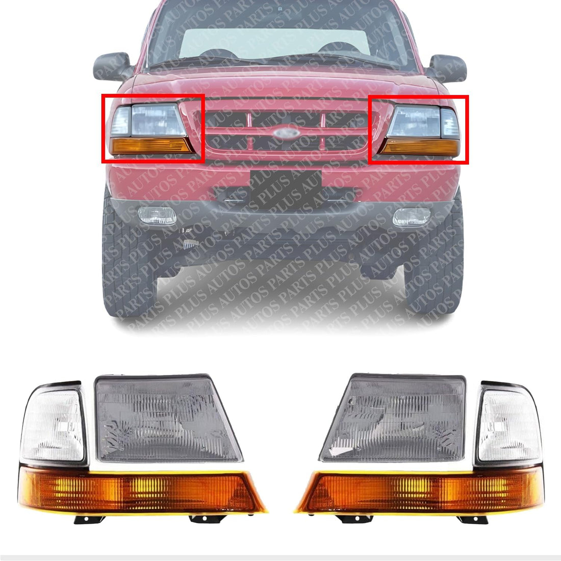 Front Head Light Assembly & Corner Lamp Left Driver & Right Passenger Side Direct Replacement Compatible With 1998-2000 Ford Ranger FO2502151 FO2503151 FO2521144 FO2520144