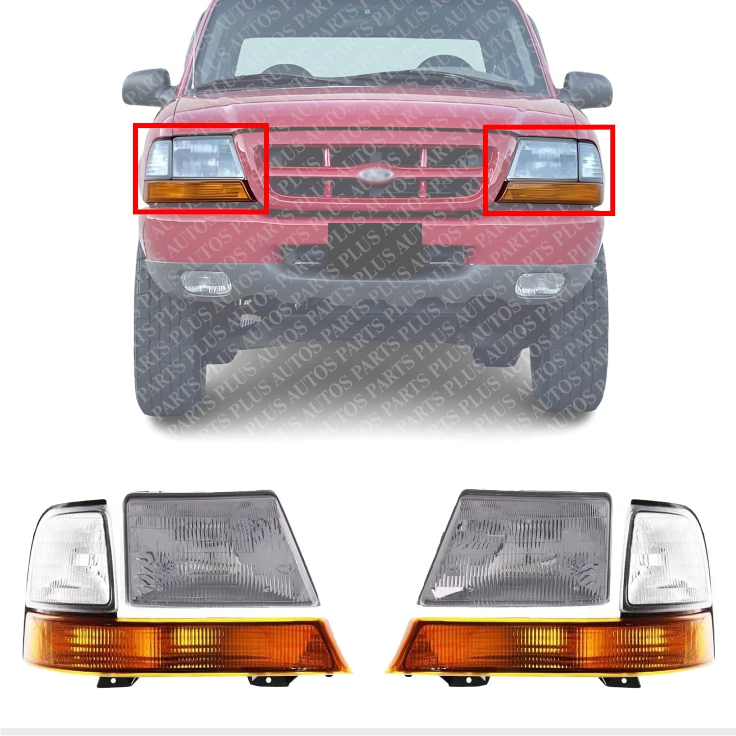 Front Head Light Assembly & Corner Lamp Left Driver & Right Passenger Side Direct Replacement Compatible With 1998-2000 Ford Ranger FO2502151 FO2503151 FO2521144 FO2520144