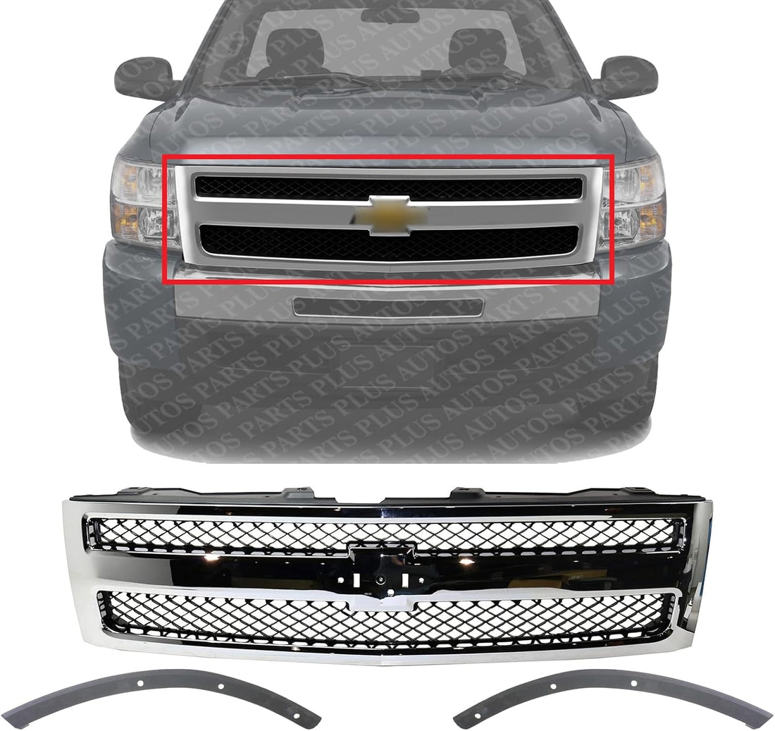 Front Grille Chrome Shell With Textured Insert + Bumper Outer Fillers Left & Right Side Direct Replacement Compatible With 2007-2013 Chevrolet Silverado 1500 GM1200572 GM1088172