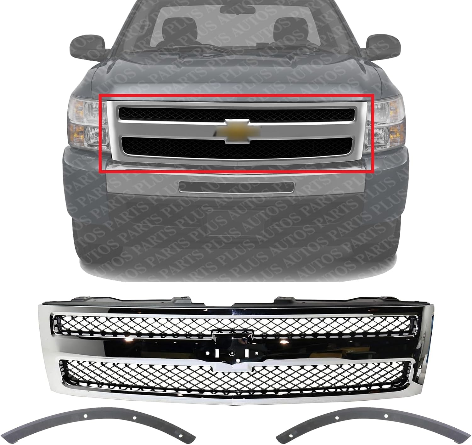 Front Grille Chrome Shell With Textured Insert + Bumper Outer Fillers Left & Right Side Direct Replacement Compatible With 2007-2013 Chevrolet Silverado 1500 GM1200572 GM1088172