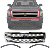 Front Grille Chrome Shell With Textured Insert + Bumper Outer Fillers Left & Right Side Direct Replacement Compatible With 2007-2013 Chevrolet Silverado 1500 GM1200572 GM1088172
