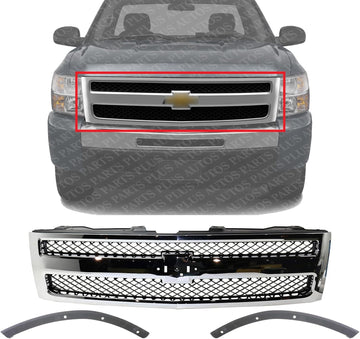 Front Grille Chrome Shell With Textured Insert + Bumper Outer Fillers Left & Right Side Direct Replacement Compatible With 2007-2013 Chevrolet Silverado 1500 GM1200572 GM1088172