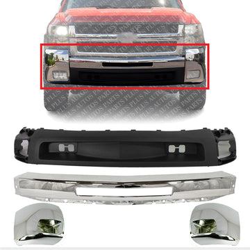 Front Bumper Chrome + Lower Valance Textured + End Caps With Fog Light Holes Left & Right Side Direct Replacement Compatible With 2007-2010 Chevrolet Silverado 2500HD 3500HD GM1002831