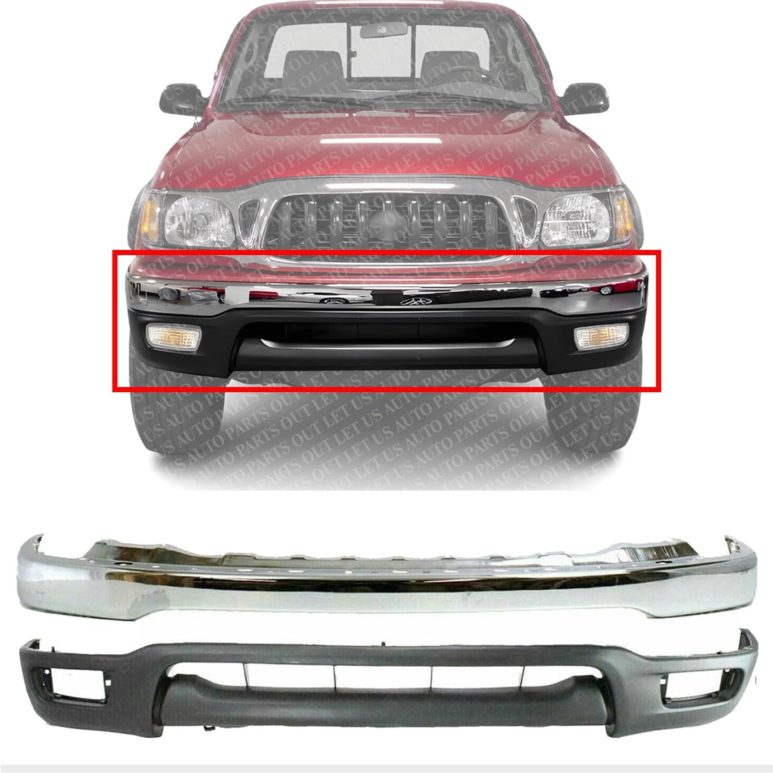 Front Bumper Chrome Steel + Lower Valance Panel Direct Replacement Compatible with 2001-2004 Toyota Tacoma TO1002174 TO1095196 52101AD030 53901AD030