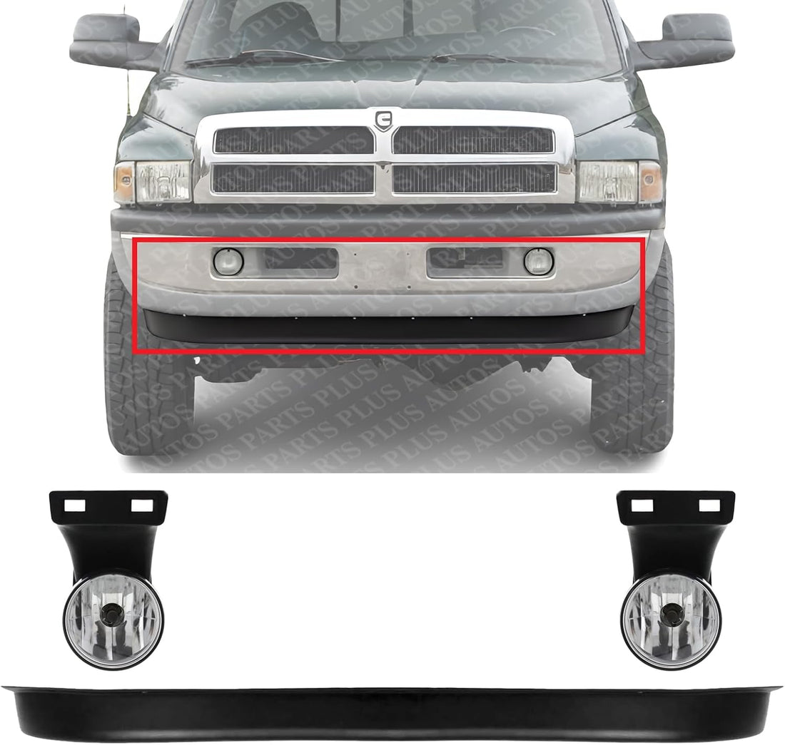 Front Bumper Lower Valance Air Dam Textured + Fog Lamps Right Passenger & Left Driver Side Direct Replacement Compatible With 1999-2002 Dodge Ram Full Size Pickup CH1090124 CH2592120
