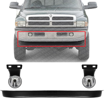 Front Bumper Lower Valance Air Dam Textured + Fog Lamps Right Passenger & Left Driver Side Direct Replacement Compatible With 1999-2002 Dodge Ram Full Size Pickup CH1090124 CH2592120