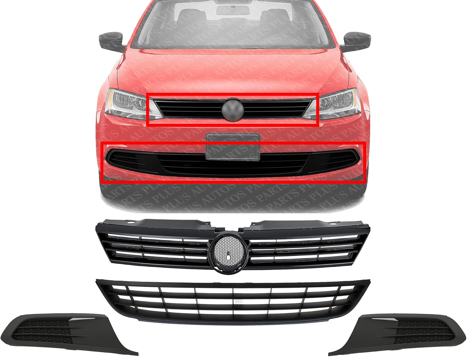 Front Upper & Lower Grille + Fog Light Covers Left Driver & Right Passenger Side Direct Replacement Compatible With 2011-2014 Volkswagen Jetta VW1036121 VW1200151 VW1038119