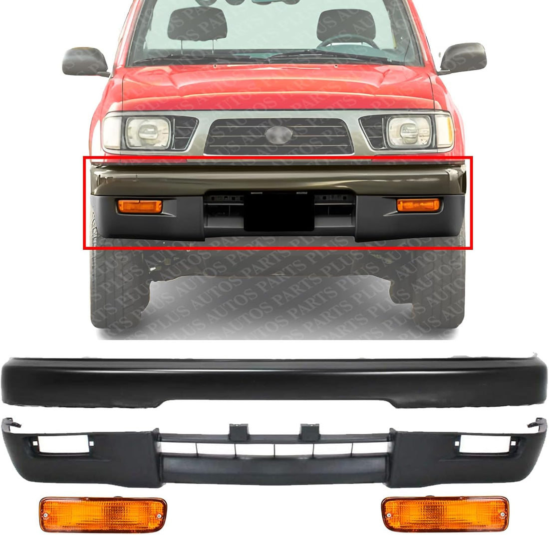 Front Bumper Primed Steel + Lower Valance Textured + Signal Lights Left Driver & Right Passenger Side Direct Replacement Compatible With Toyota Tacoma 1995-1997 TO1002155 TO1095175