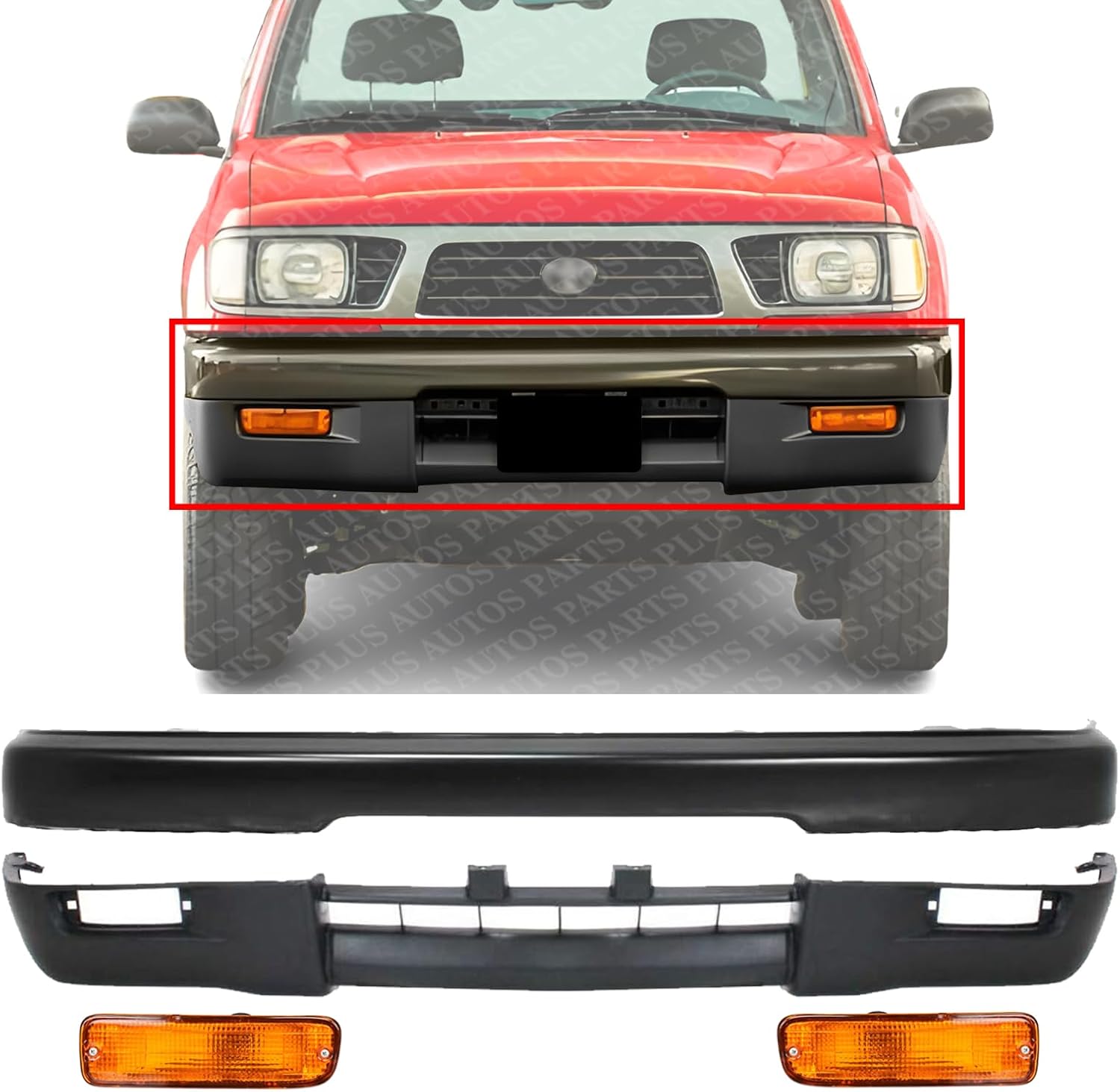 Front Bumper Primed Steel + Lower Valance Textured + Signal Lights Left Driver & Right Passenger Side Direct Replacement Compatible With Toyota Tacoma 1995-1997 TO1002155 TO1095175