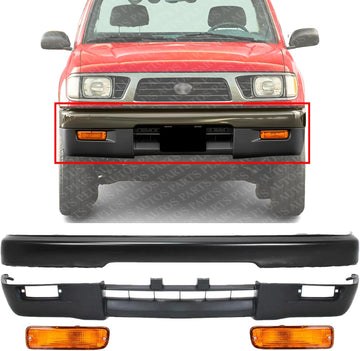 Front Bumper Primed Steel + Lower Valance Textured + Signal Lights Left Driver & Right Passenger Side Direct Replacement Compatible With Toyota Tacoma 1995-1997 TO1002155 TO1095175