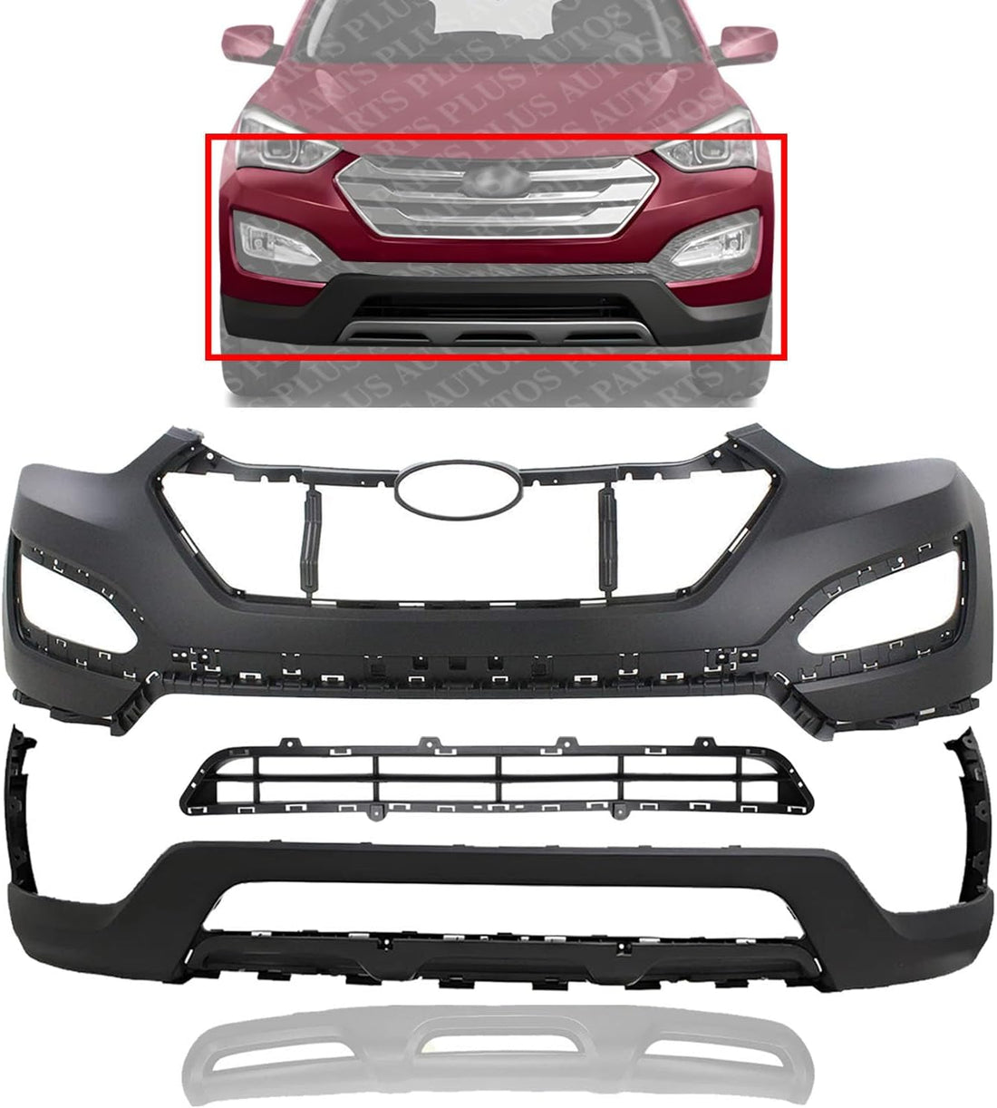 Front Bumper Cover Primed Plastic + Lower Valance + Grille + Skid Plate Direct Replacement Compatible With 2013-2016 Hyundai Santa Fe Sport