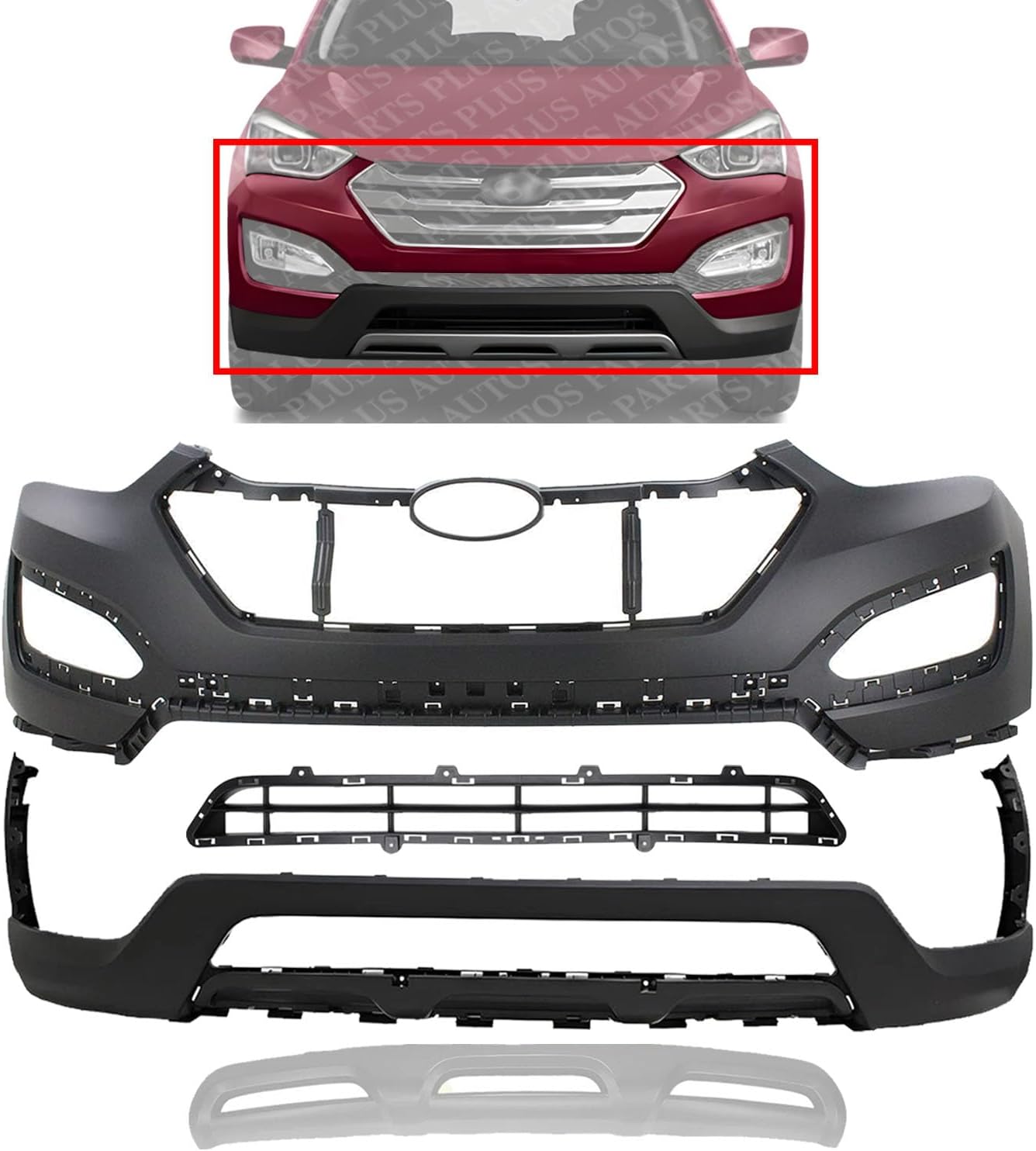 Front Bumper Cover Primed Plastic + Lower Valance + Grille + Skid Plate Direct Replacement Compatible With 2013-2016 Hyundai Santa Fe Sport