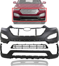 Front Bumper Cover Primed Plastic + Lower Valance + Grille + Skid Plate Direct Replacement Compatible With 2013-2016 Hyundai Santa Fe Sport
