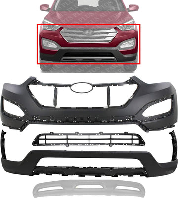 Front Bumper Cover Primed Plastic + Lower Valance + Grille + Skid Plate Direct Replacement Compatible With 2013-2016 Hyundai Santa Fe Sport