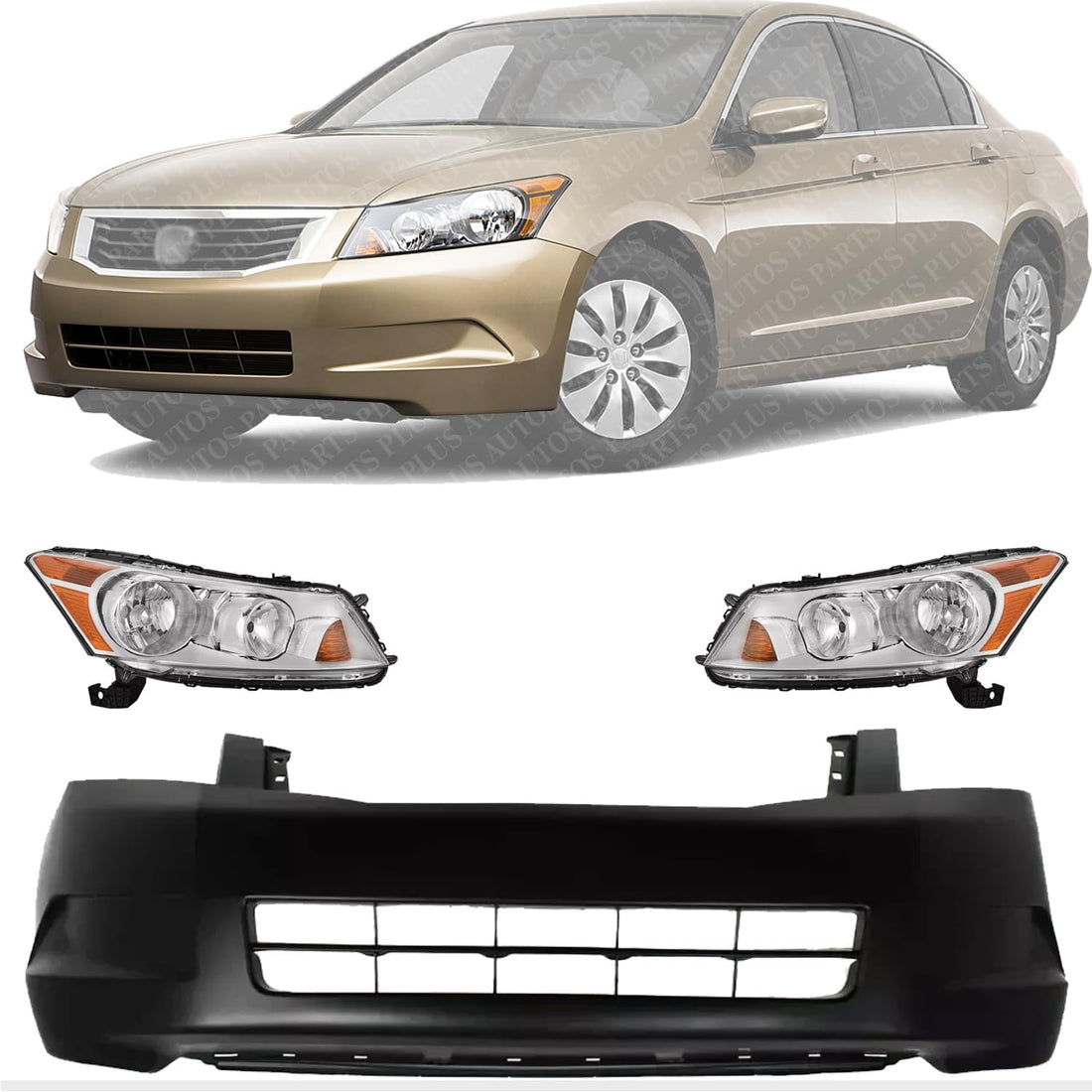 Front Bumper Cover Primed + Head Lights Left Driver & Right Passenger Side Direct Replacement Compatible with 2008-2010 Honda Accord