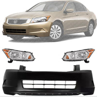 Front Bumper Cover Primed + Head Lights Left Driver & Right Passenger Side Direct Replacement Compatible with 2008-2010 Honda Accord