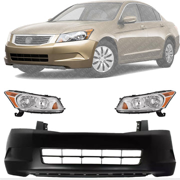 Front Bumper Cover Primed + Head Lights Left Driver & Right Passenger Side Direct Replacement Compatible with 2008-2010 Honda Accord