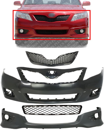 Front Bumper Cover + Lower Valance Primed + Upper And Lower Grille Direct Replacement Compatible With 2010-2011 Toyota Camry TO1000355 TO1200323 TO1093120 TO1036123 5211906959