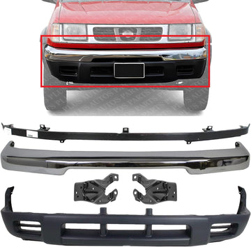 Front Bumper + Valance + Filler Primed + Brackets Right Passenger & Left Driver Side Direct Replacement Compatible With 1998-2000 Nissan Frontier NI1087118 NI1002132 NI1095119