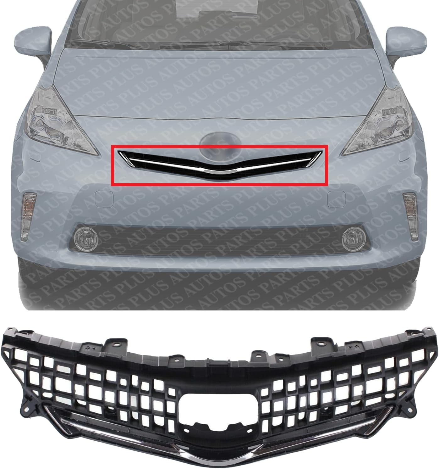 Front Grille Assembly Gray Shell And Insert With Chrome Molding Plastic Direct Replacement Compatible With 2012-2014 Toyota Prius V TO1200348 5310147010