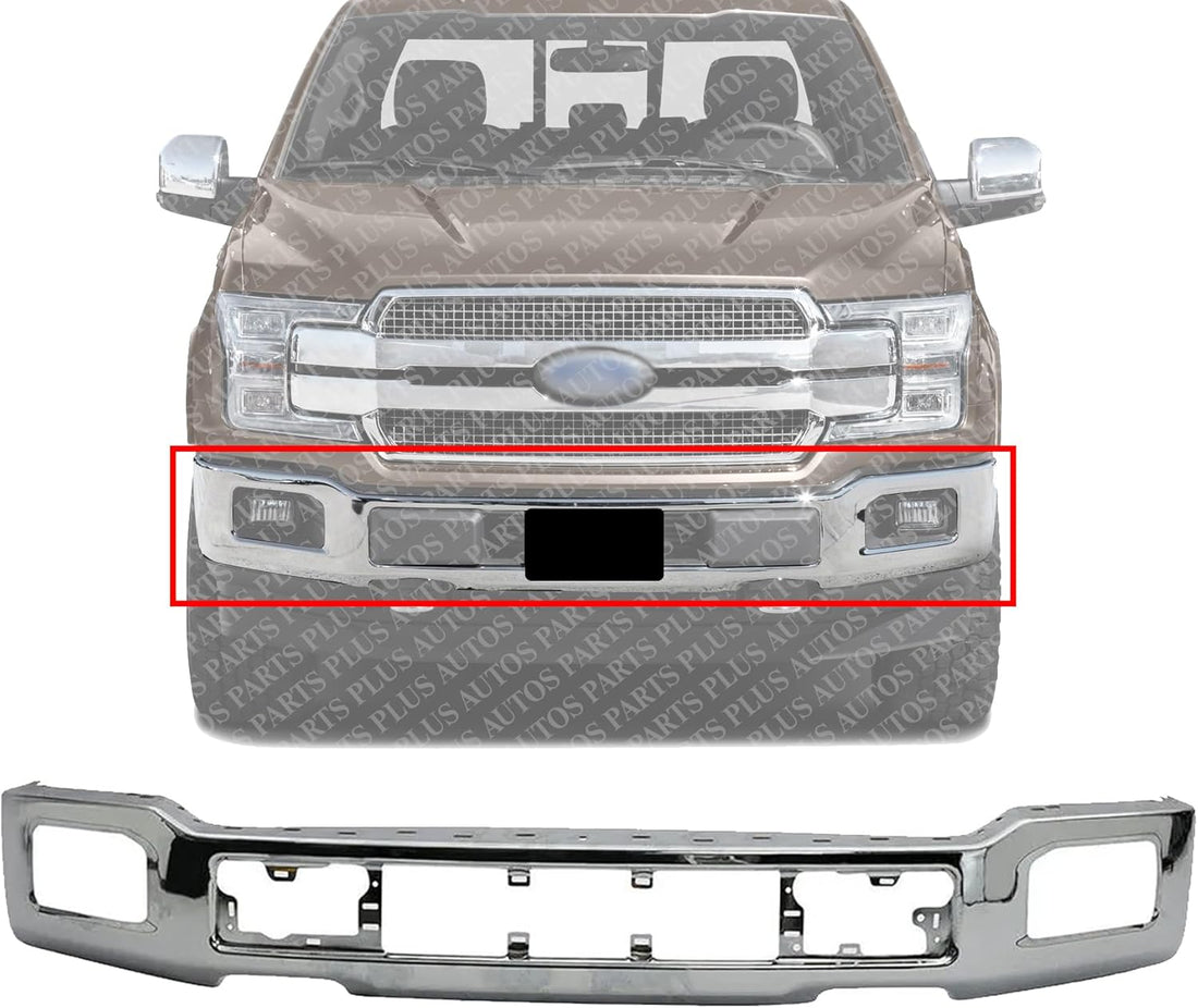 Front Bumper Face Bar Chrome Steel With Fog Light Holes Dricet Replacment Compatible With 2018-2020 Ford F-150 Pickup FO1002430 JL3Z17757A