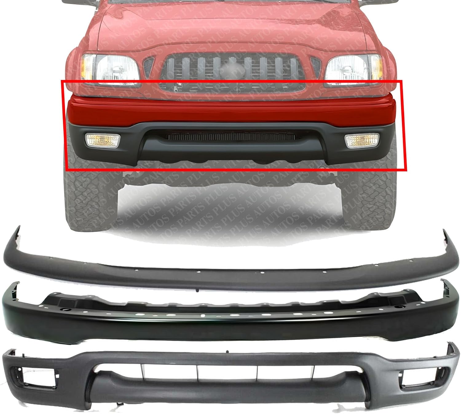 Front Bumper Steel + Upper Filler + Lower Valance Panel with Fog Light Holes Direct Replacement Compatible With Toyota Tacoma 2001-2004 TO1002176 TO1087112 TO1095196 52101AD900