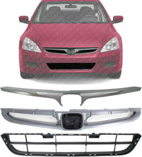 Front Upper Textured + Lower Primed Grille + Chrome Molding Direct Replacement Compatible With 2006-2007 Honda Accord HO1200179 HO1210118 HO1036101 71121SDAA10ZA 71122SDAA10