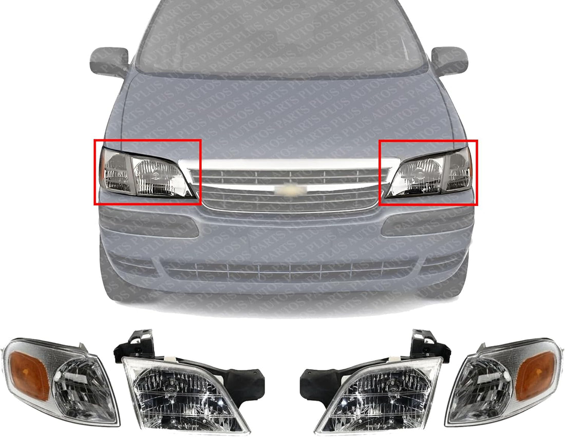 Front Headlight Assembly + Corner Lamp Lens And Housing Right Passenger & Left Driver Side Direct Replacement Compatible With 1997-2005 Chevrolet Venture GM2502175 GM2503175